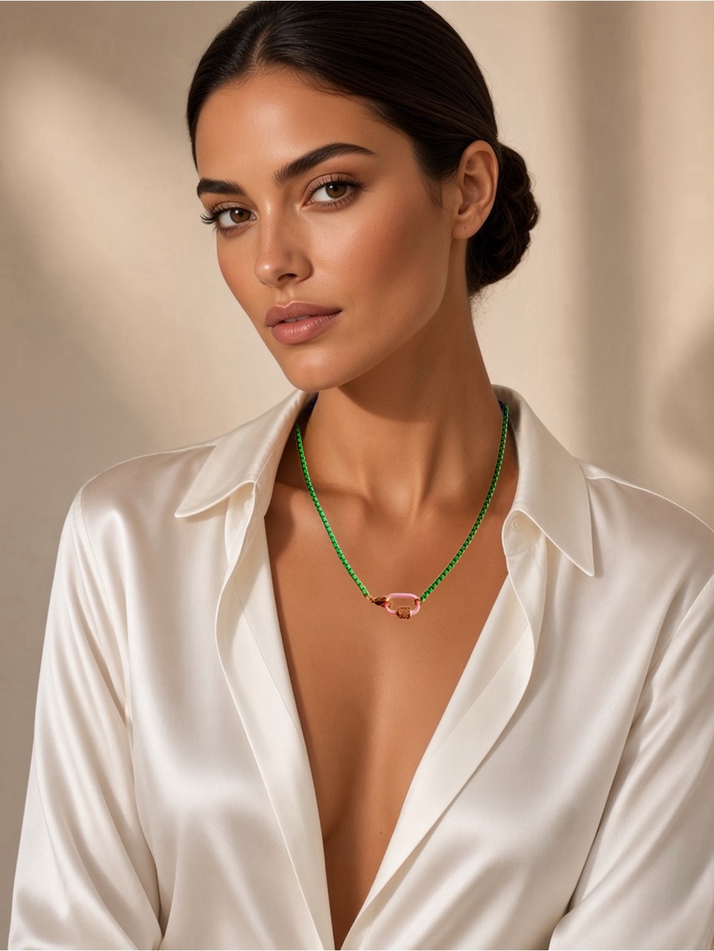 Green Enamel Necklace with Micro Pave Pink Stone Accent w/ 18k plated gold